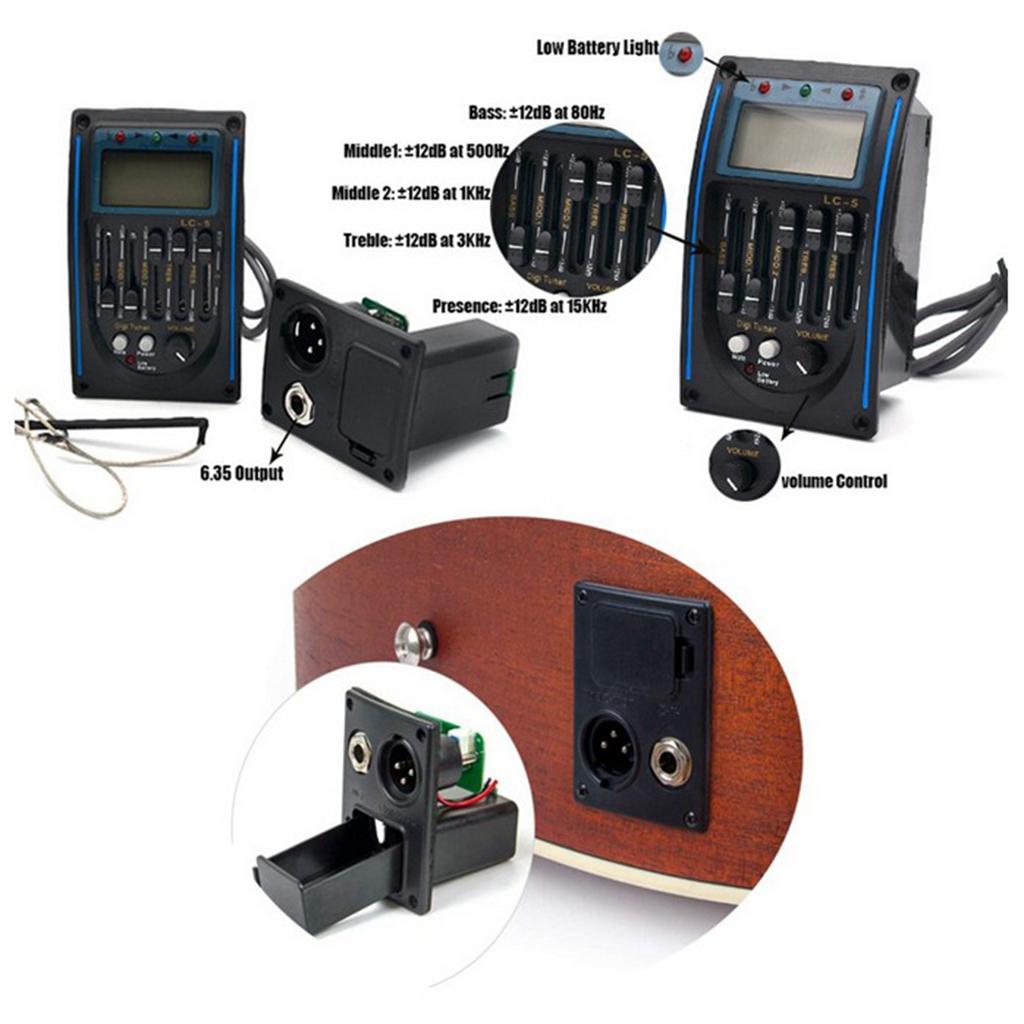 EQ 5-band Acoustic Guitar Piezo Pickup Preamp Tuner System with LCD Screen