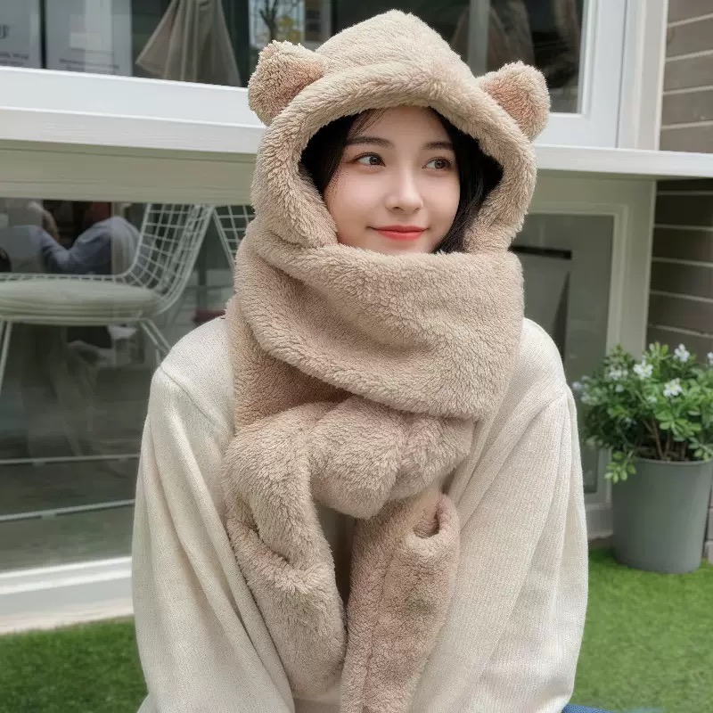Mũ khăn quàng cổ mũ lông gấu có găng tay thời trang siêu dễ thương giữ ấm dành cho nữ