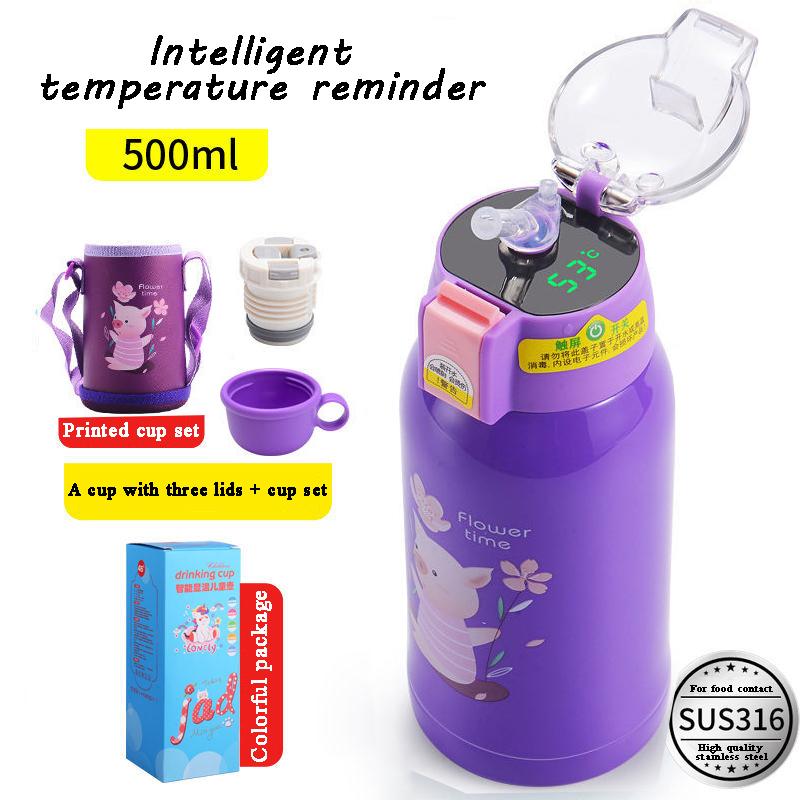 500Ml Trẻ Em Inox Ống Hút Giữ Nhiệt Màu Nhiệt Độ Màn Hình LED Hiển Thị Bình Giữ Nhiệt Nước Hoạt Hình Chống Rò Rỉ Cốc Trẻ Em quà Tặng