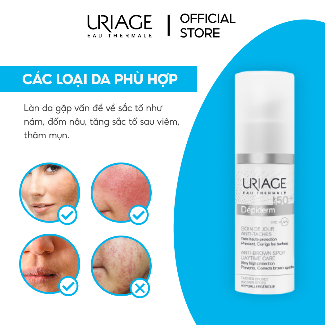 Kem chống nắng làm đều màu da, dưỡng sáng URIAGE DÉPIDERM SPF50+ SOIN DE JOUR ANTI-TACHES 30ml