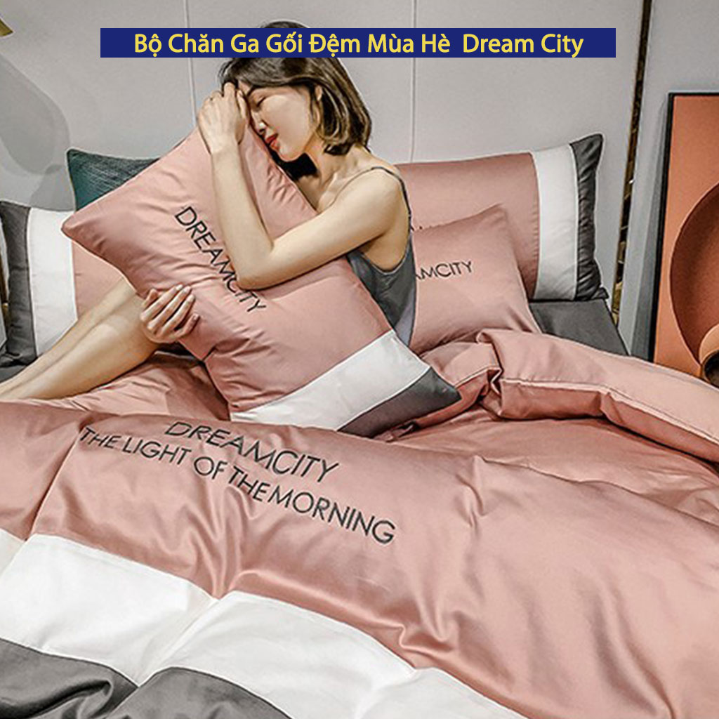 Bộ Chăn Ga Gối Đệm Mùa Hè Dream City Drap Giường Phi Bóng Cao Cấp Bo Chun Drap 