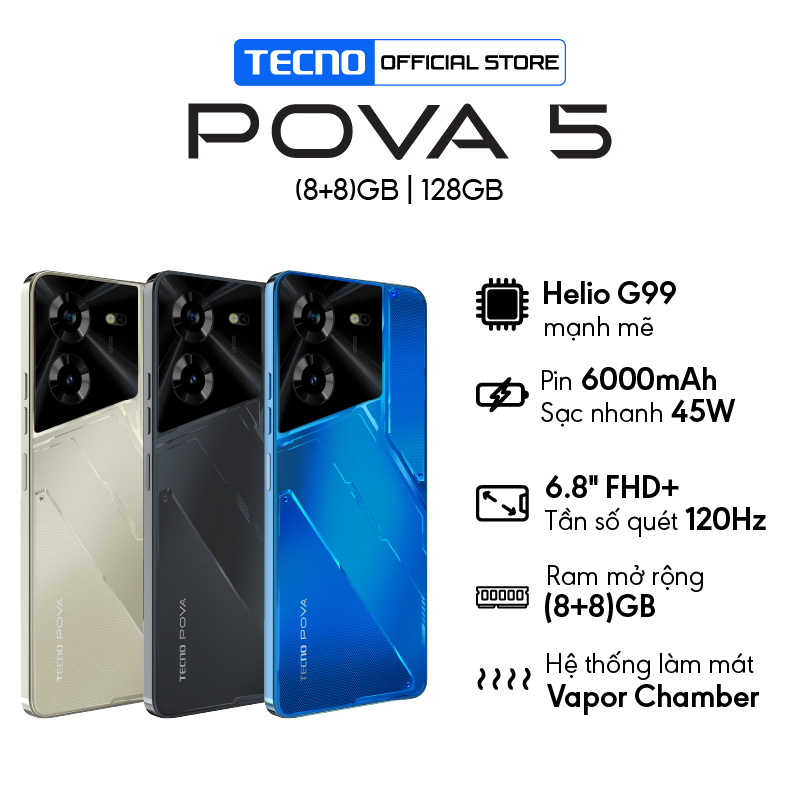 Điện thoại Tecno POVA 5 (8+8)/128GB - MediaTek Helio G99 - Sạc nhanh 45W - 6.8'' FHD+120HZ - Hàng Chính Hãng - BH 13 Tháng