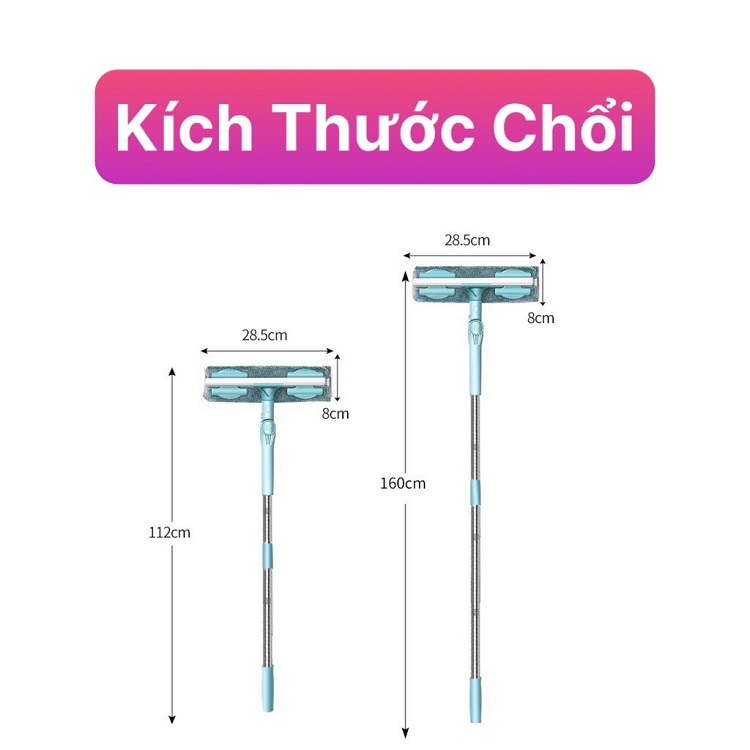 Cây Lau Kính Cán Dài, Gạt Chùi Kính 2 Mặt Chuyên Dụng Cao Cấp, Tăng Giảm Chiều Dài 112-160 cm, Xoay 180 Độ - Hàng Chính Hãng