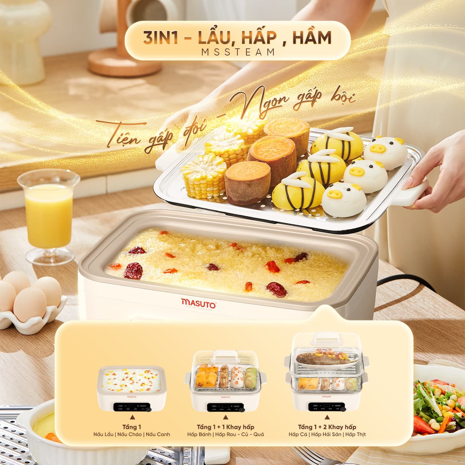 Nồi Lẩu Hấp Đa Năng 3in1 Masuto MSSteam - Vừa Lẩu, Vừa Hấp, Vừa Hầm, Công Suất 1500W, Dung Tích 14,5L, Hấp Gà Nguyên Con - Hàng chính hãng