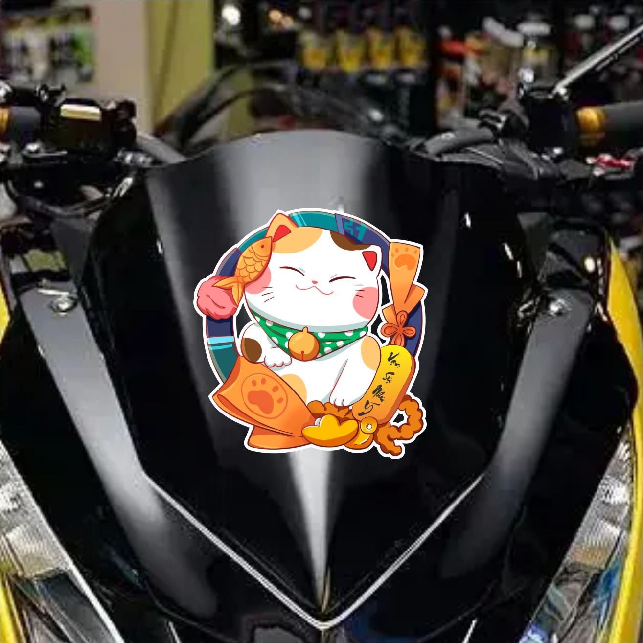 Decan dán Mèo may mắn tay cầm cá, tay cầm vàng dán xe ô tô, decal dán xe máy, cửa kính, quán cafe