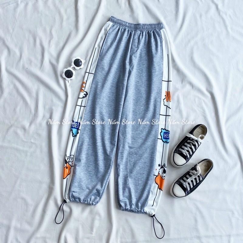 Quần Jogger Dài Ống Rộng In Hình HEROES Dây Rút Ở Gấu - Kiểu quần viền Line Ống Suông cạp cao phong cách hàn quốc