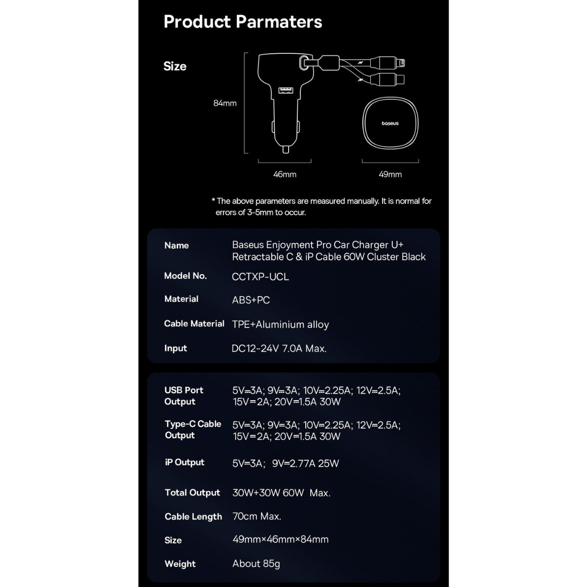 Tẩu sạc dùng trên ô tô tích hợp cáp Type C và Lightning Cable 60W Baseus Enjoyment Pro Car Charger - Hàng chính hãng