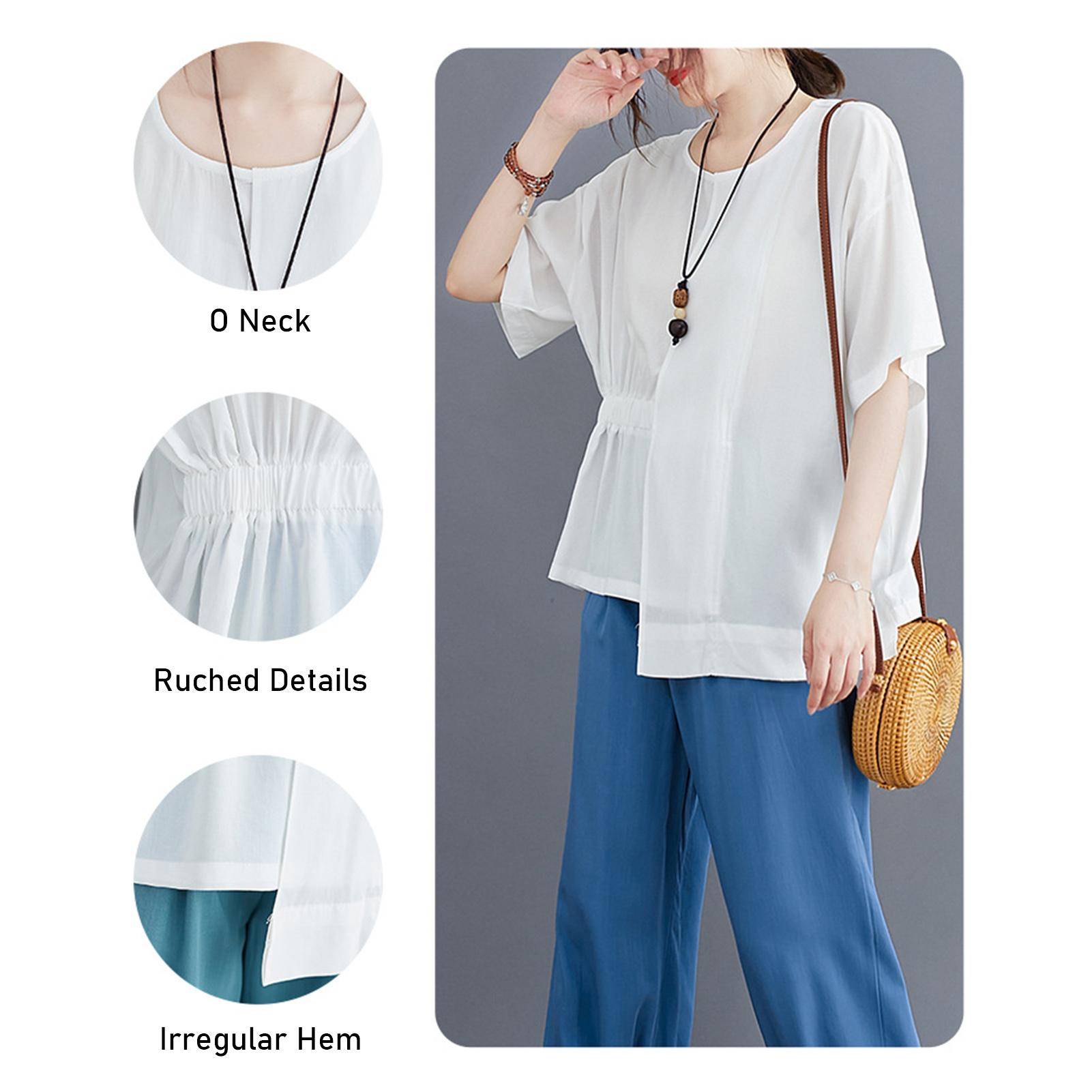 Fashion Women Solid Color Chiffon T-shirt O Neck Short Sleeve Ruched Irregular Hem Loose Casul Shirt Top