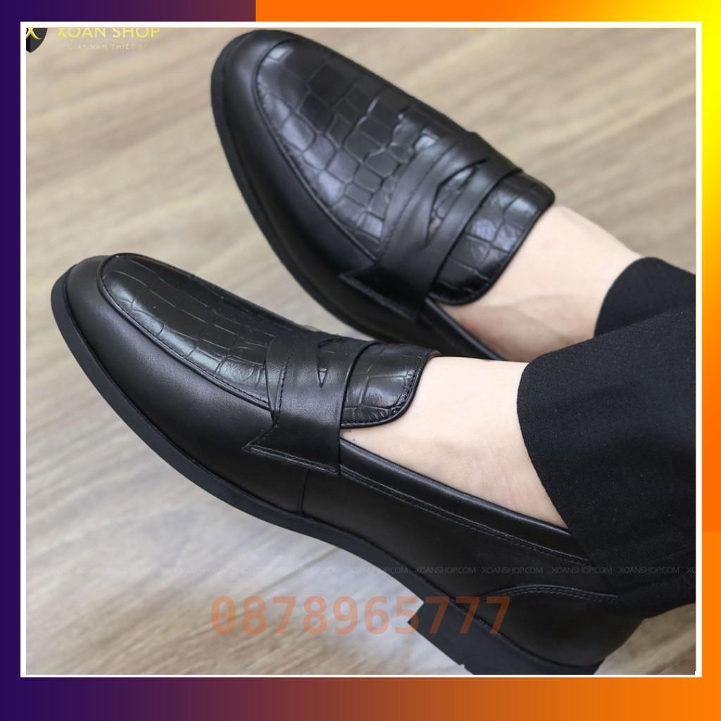 Giày Lười Nam Đẹp Da Bò Dập Vân Cá Sấu Mã G046 Màu Đen