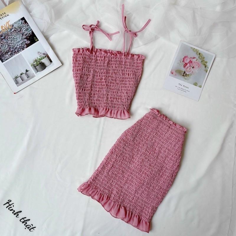 Set áo 2 dây kềm chân váy nhún siêu xinh chất voan nhún -U
