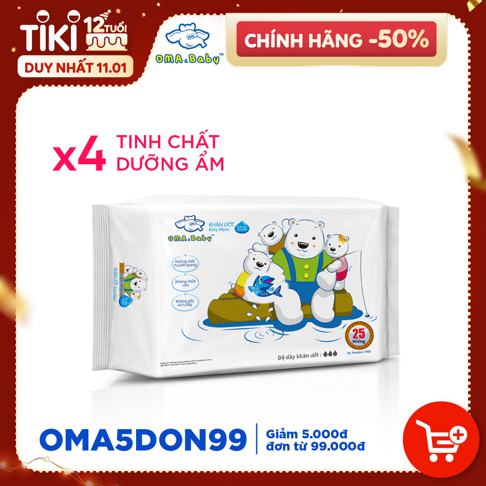 Combo thùng mini 2 hộp khăn vải khô đa năng cho bé và 5 Gói Khăn ướt làm sạch tinh khiết dành cho bé Oma&Baby với công thức Chlorhexidine Digluconate kháng khuẩn an toàn, dịu nhẹ trong khăn ( 85 tờ*3 + 25 tờ*2)