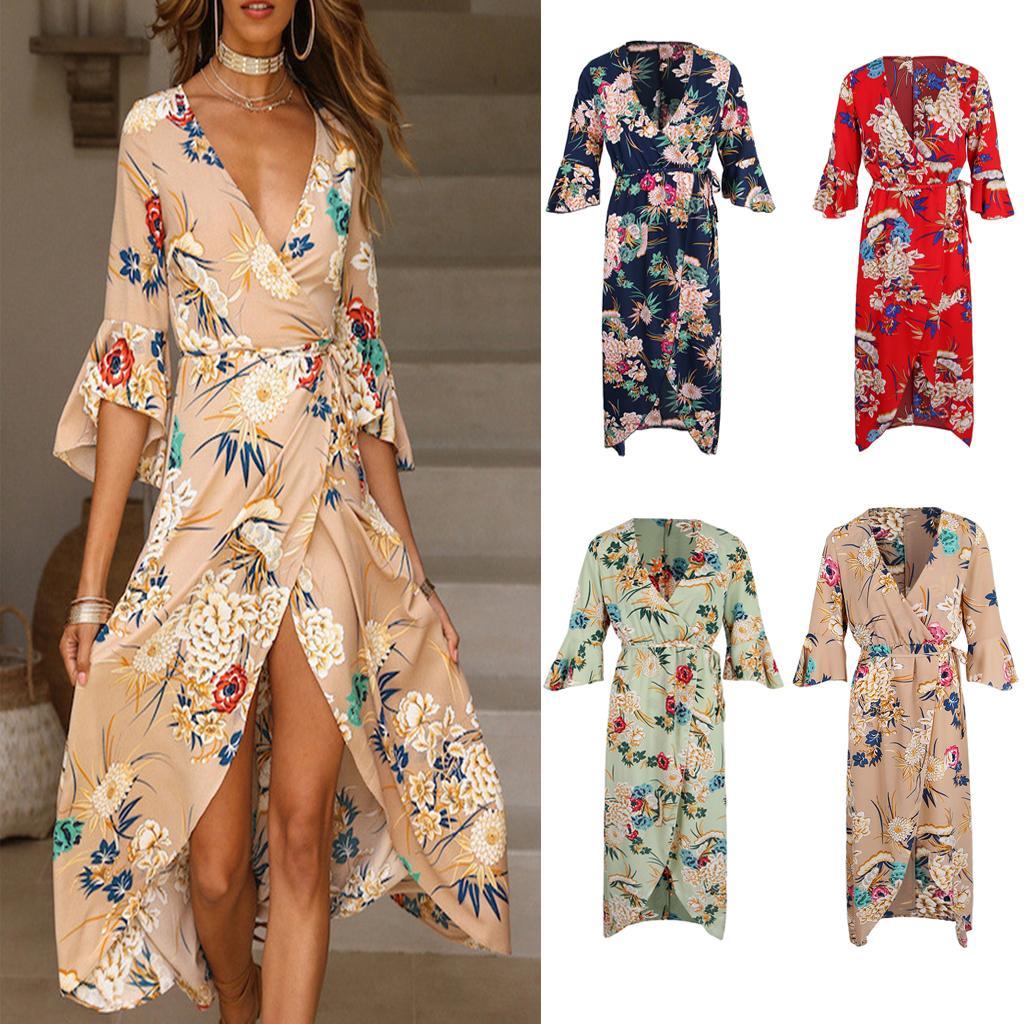 Women's V Neck Floral High Split Loose Dress Stretch Casual Long Maxi Dress