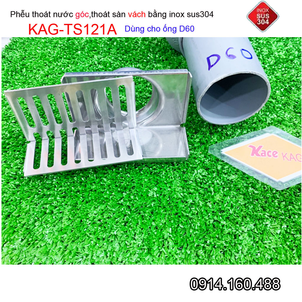 Phễu thoát nước ngang D60 inox 304 KAG-TS121A, Ga thoát sàn vào vách hành lang ban công góc tường thiết kế đẹp tiện dụng siêu bền