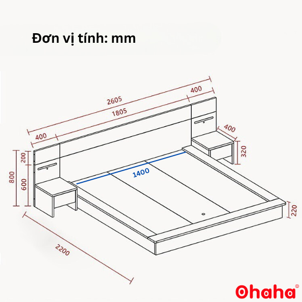 Giường Ngủ Hiện Đại Kiểu Nhật Kèm Tủ Đầu Giường Và Đèn Led - GB001