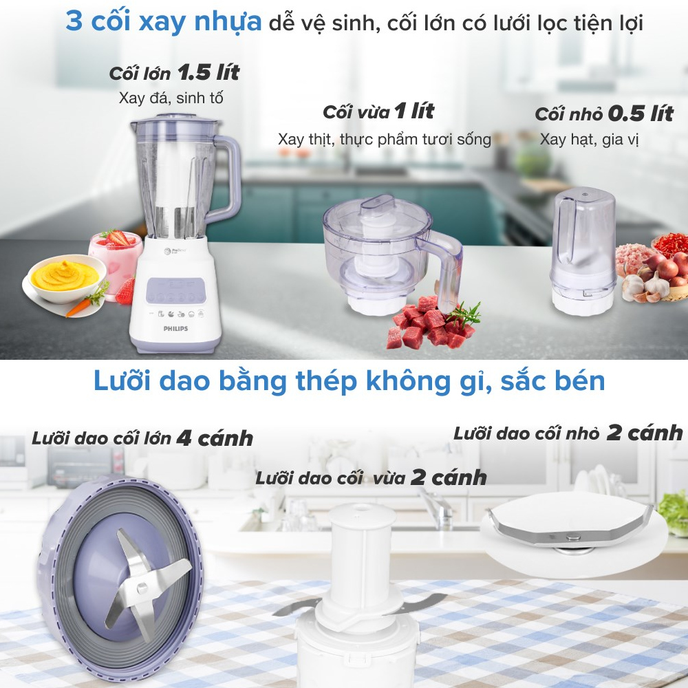 Máy xay sinh tố đa năng Philips HR2223/00 công suất 700W, 3 cối - Hàng chính hãng