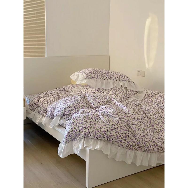 Set Cotton Hàn Quốc Bèo Ren 100%cotton Hàng Nhập Khẩu Cao Cấp 4 Món Hoa Nhí Xanh