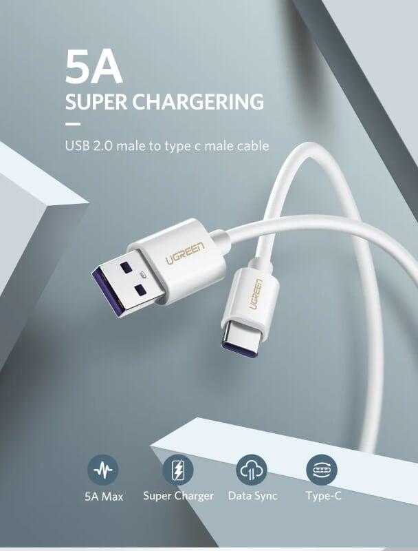 Ugreen UG40888US253TK 1M 5A màu Trắng Dây USB sang USB Type-C vỏ ABS - HÀNG CHÍNH HÃNG