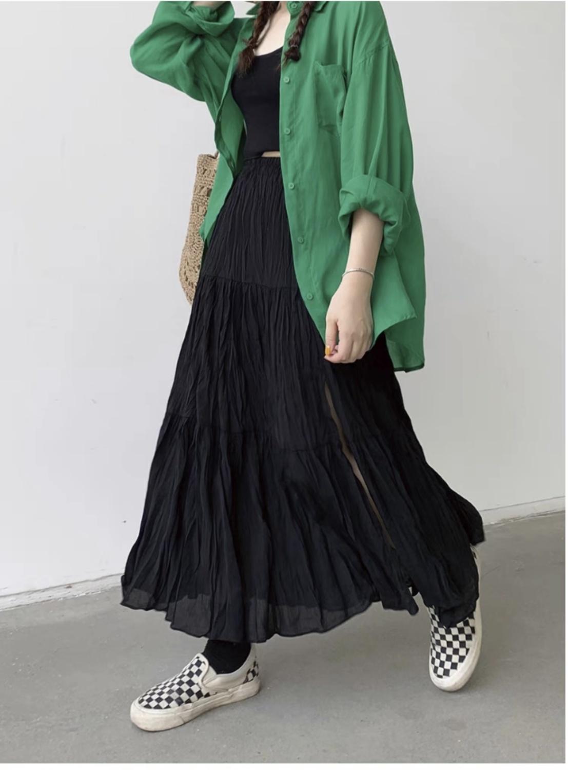 DONGSHOP Cao cấp hoa xẻ tà nửa người váy mùa xuân và mùa hè 2023 Vintage thả cảm thấy gầy váy xếp li một chữ dài váy