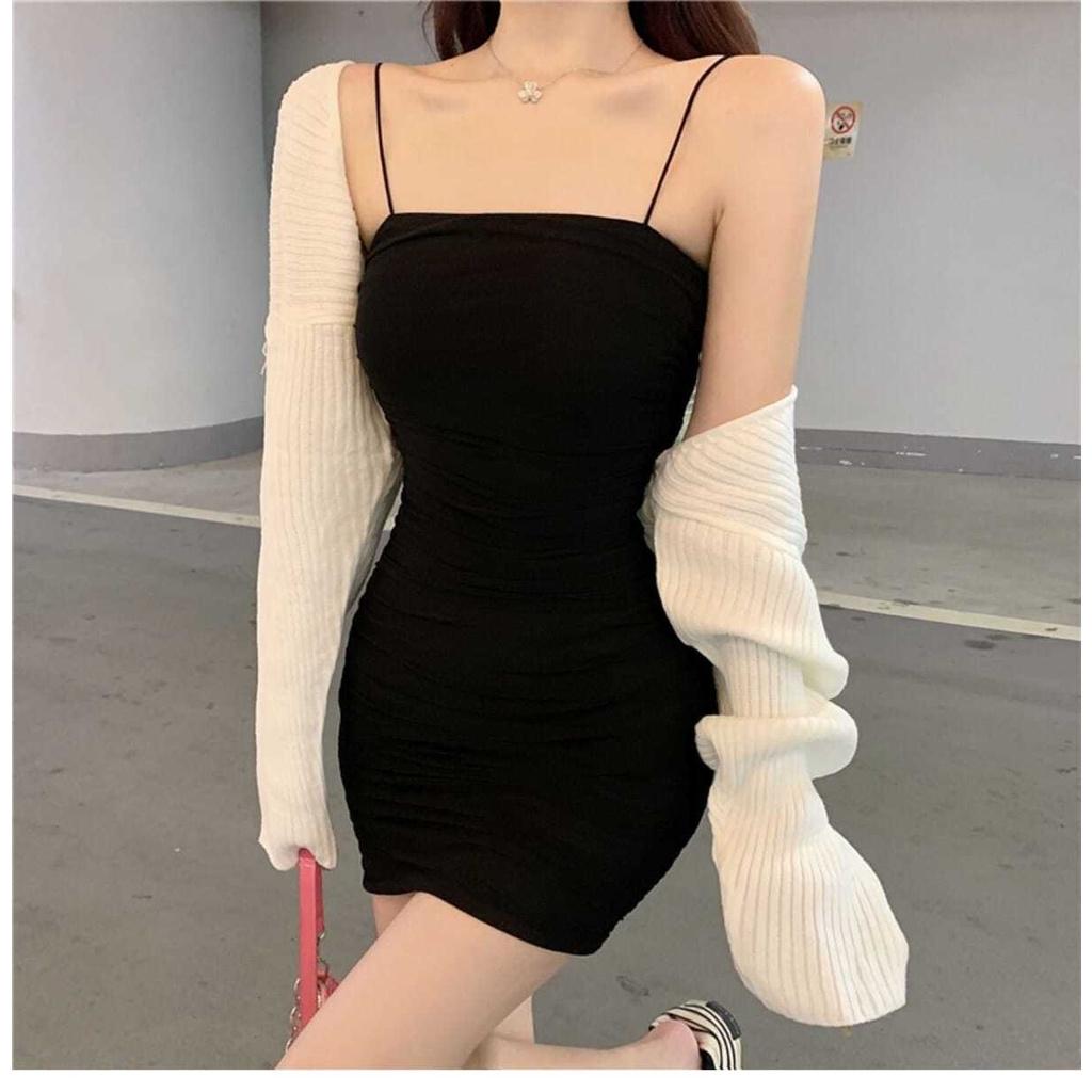 Đầm Ôm hai dây trễ vai Dáng Màu Trơn Thời Trang Mùa Hè Phong Cách Hàn Quốc Cho Nữ