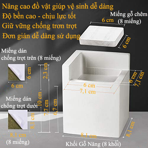 BỘ GỖ NÂNG CHÂN BÀN GHẾ TỦ GIƯỜNG NỘI THẤT - NÂNG CAO TỪ 6,7 cm ĐẾN 7,7 cm MÀU TRẮNG (BỘ 8 CÁI)