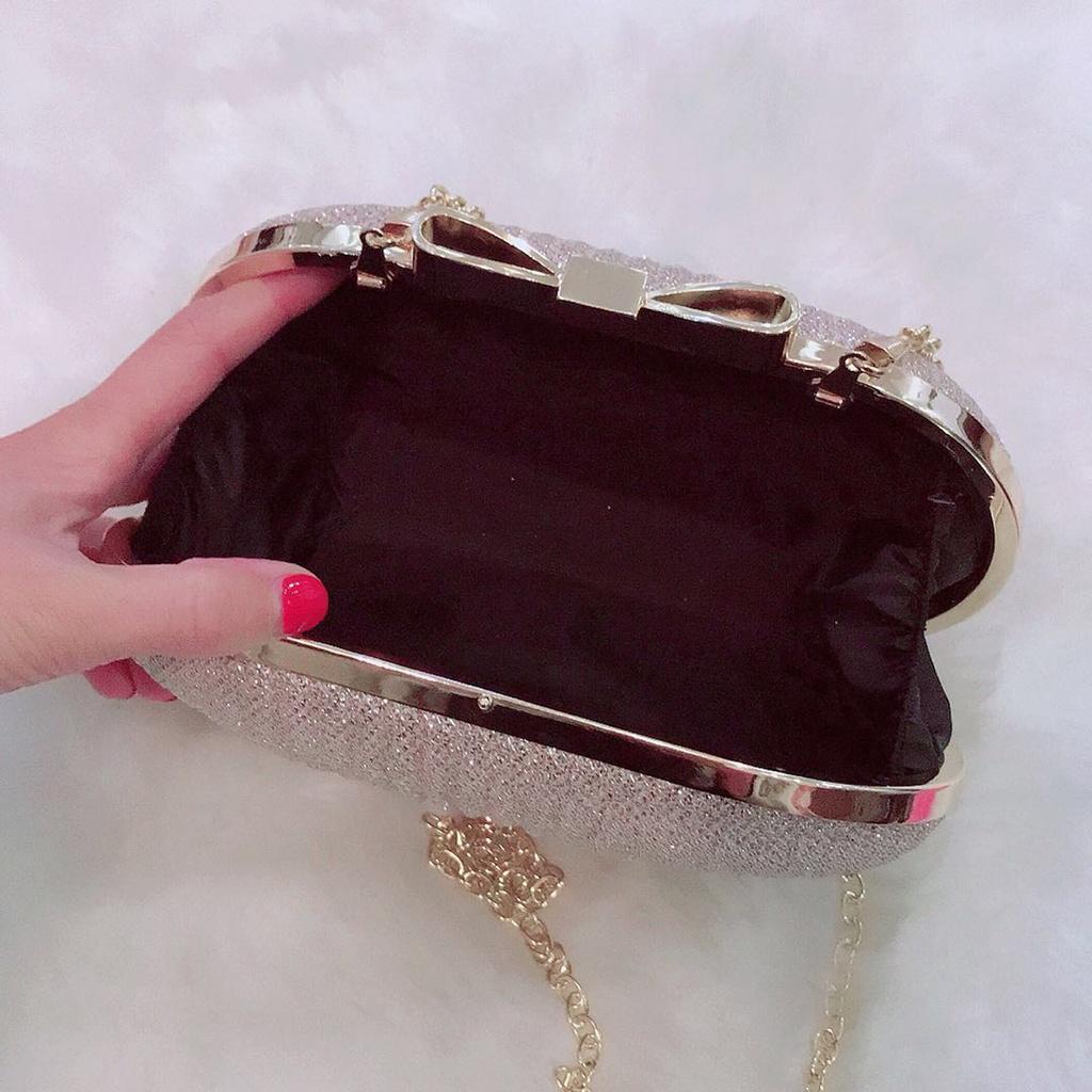 Clutch cầm tay đi tiệc màu be hình bầu dục , đính đá sequin lấp lánh T589