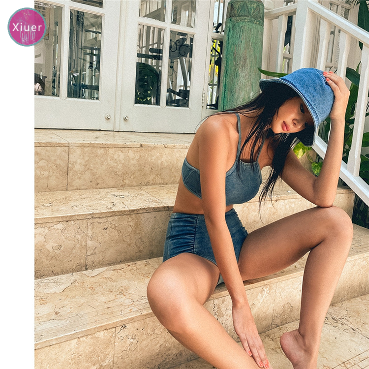Xiuer Bộ Đồ Bơi bikini Vải denim Cạp Cao Có Đệm Ngực Phong Cách Hàn Quốc Gợi Cảm Chất Lượng Cao Đi Biển#Y33