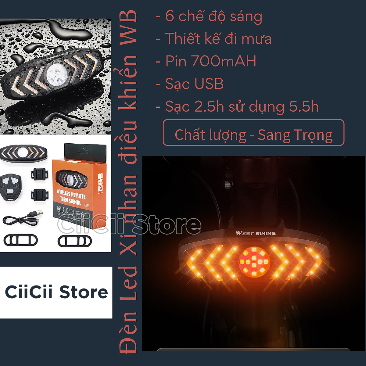 Đèn Hậu Xi Nhan Xe Đạp Điều Khiển Từ Xa, Cổng Sạc USB, Pin 700mAH Hàng Nhập Khẩu