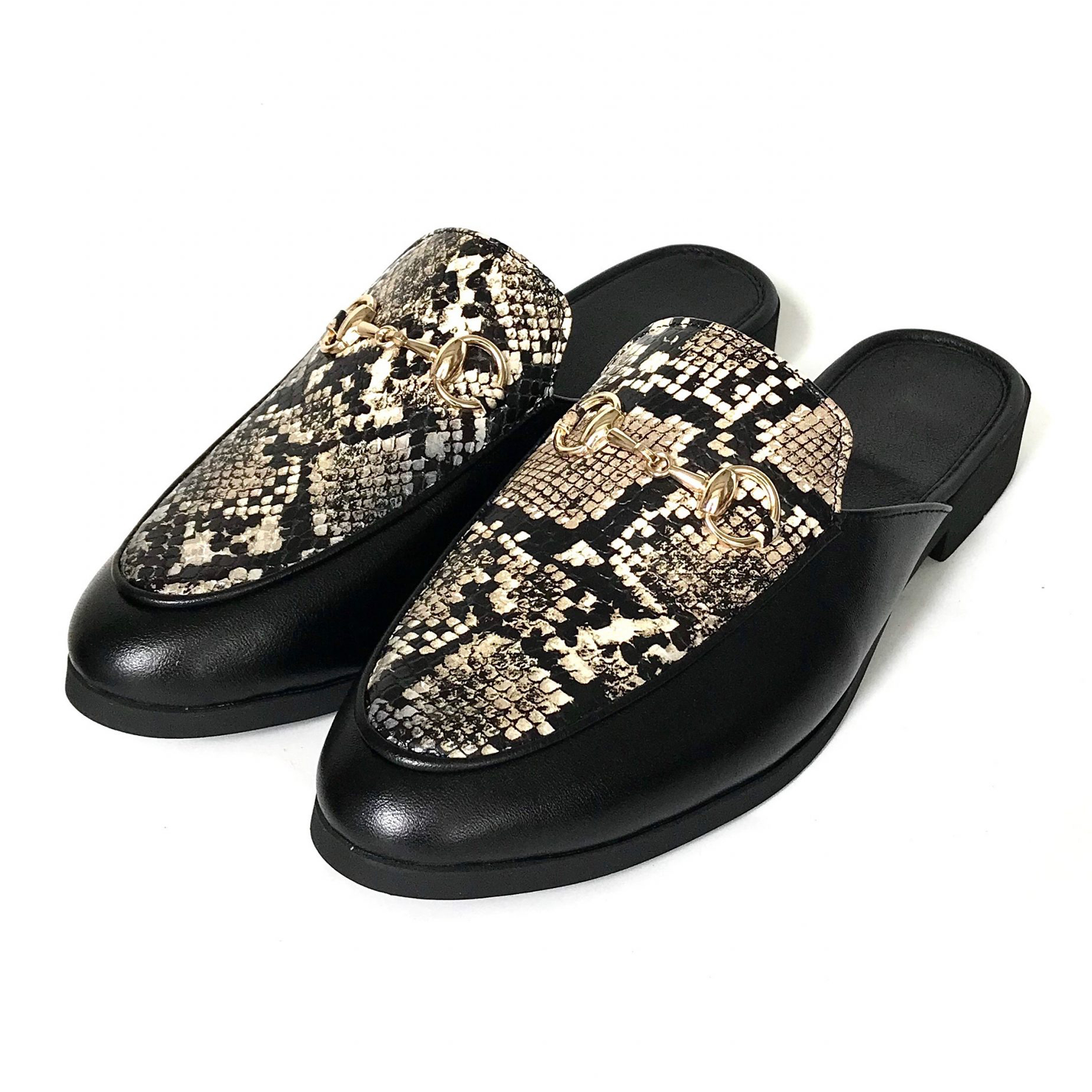 Giày Sục Nam Da Rắn Phối Da Bò Đen Mules Shoes TEFOSS – HT02