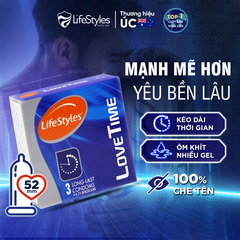 Bao Cao Su Kéo Dài Thời Gian LifeStyles Love Time Thiết kế Ôm Sát Nhiều Gel 100% Không Rách Bao - Hộp 3 bao