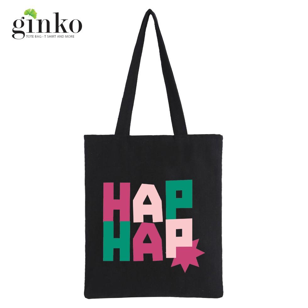 Túi Tote Vải Canvas Ginko basic có dây kéo khóa miệng túi đựng vừa laptop 14 inch và nhiều đồ dùng khác Phong Cách ulzzang Hàn Quốc In Hình Happy B30