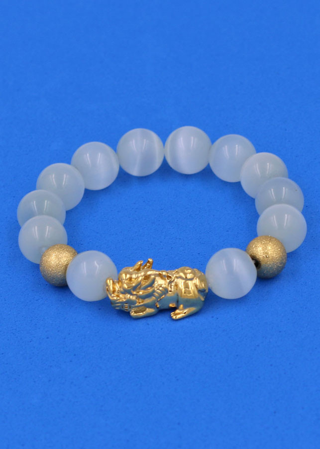 Vòng tay Đá Mắt Mèo Trắng 12 ly - cẩn Tỳ Hưu Phong Thủy inox vàng VMETTHHBV12 - hợp mệnh Kim, mệnh Thủy