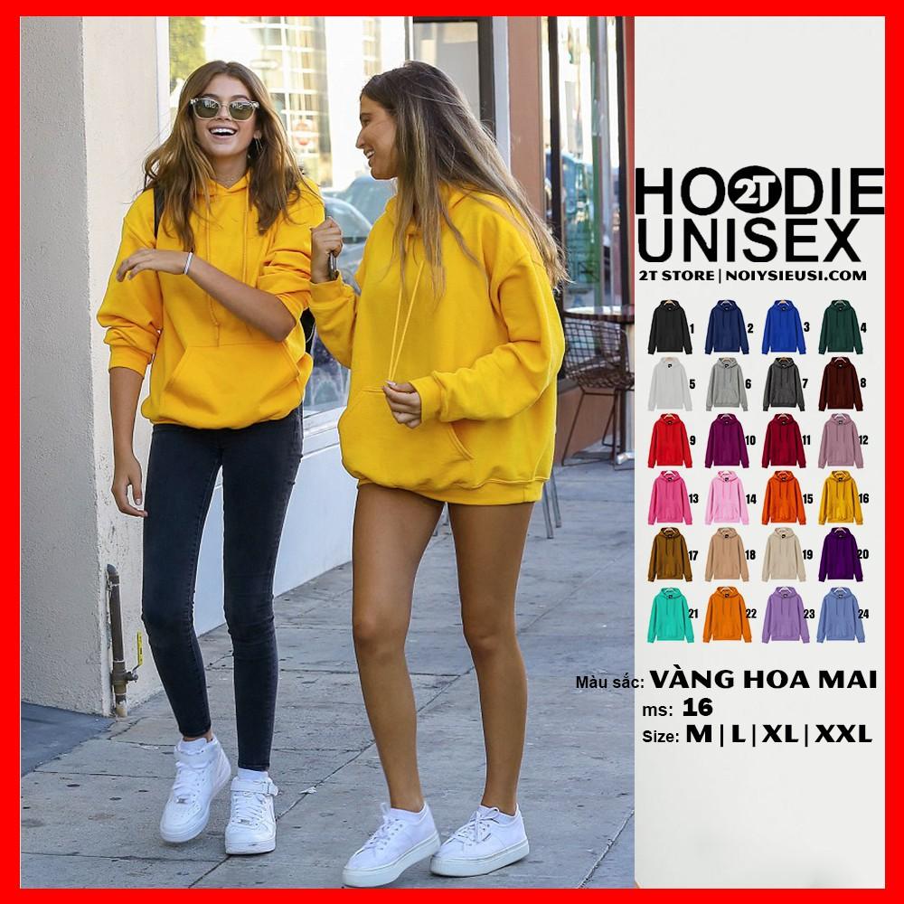 Áo hoodie unisex 2T Store H16 màu vàng hoa Mai - Áo khoác nỉ chui đầu nón 2 lớp dày dặn chất lượng đẹp