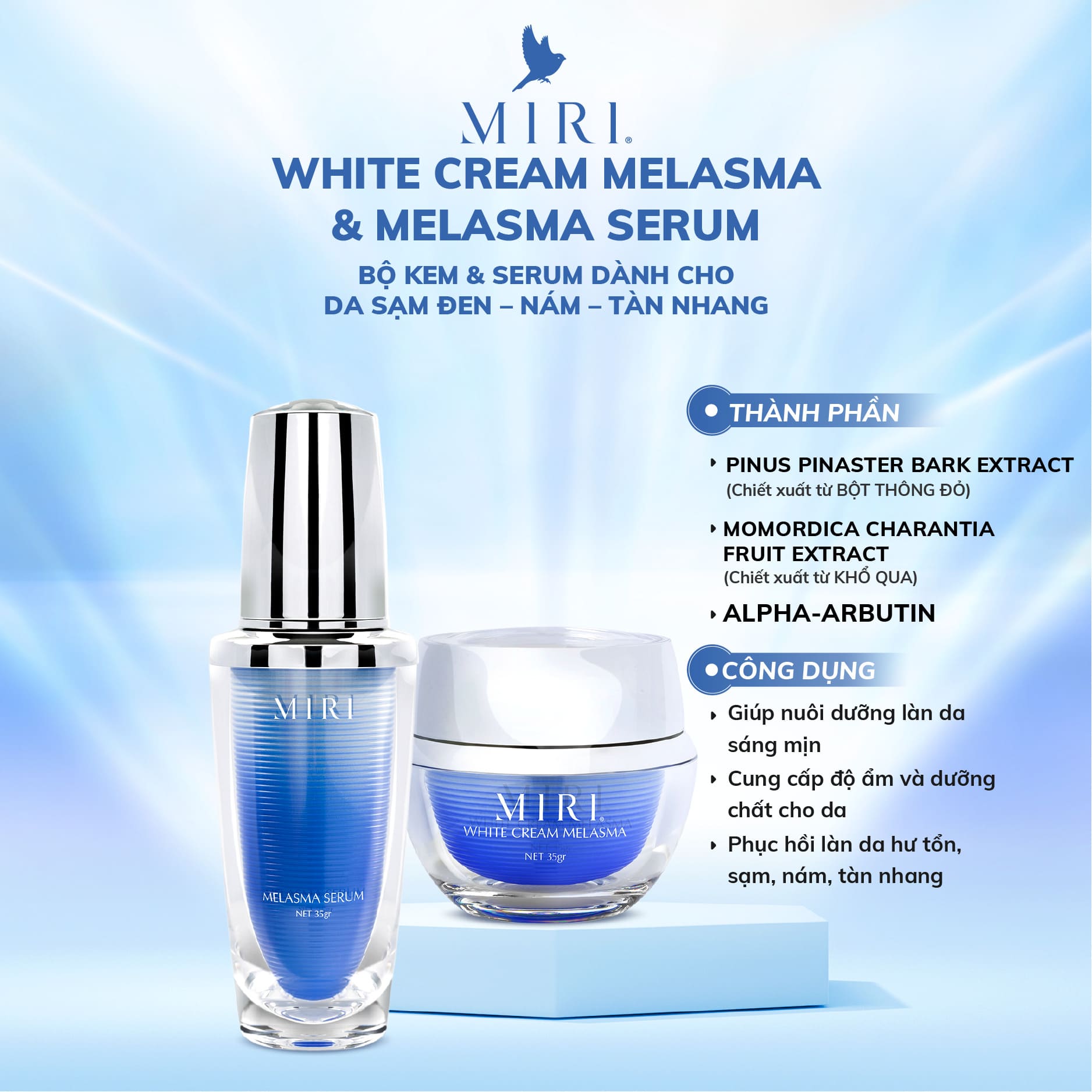 COMBO TẠM BIỆT NÁM MIRI: White Cream Melasma MIRI &amp; Melasma Serum MIR  70gram &amp; Sun Cream MIRI SPF 50+ PA+++ 30gram