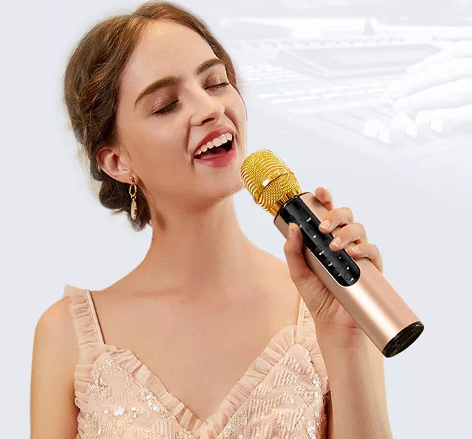 Micro karaoke bluetooth kèm 2 loa livestream hát nhẹ âm vang có chỉnh tone  M6