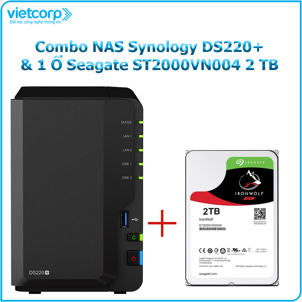 Combo Thiết bị lưu trữ NAS Synology DS220+ và 1 Ổ cứng Seagate ST2000VN004 2 TB - Hàng Chính Hãng