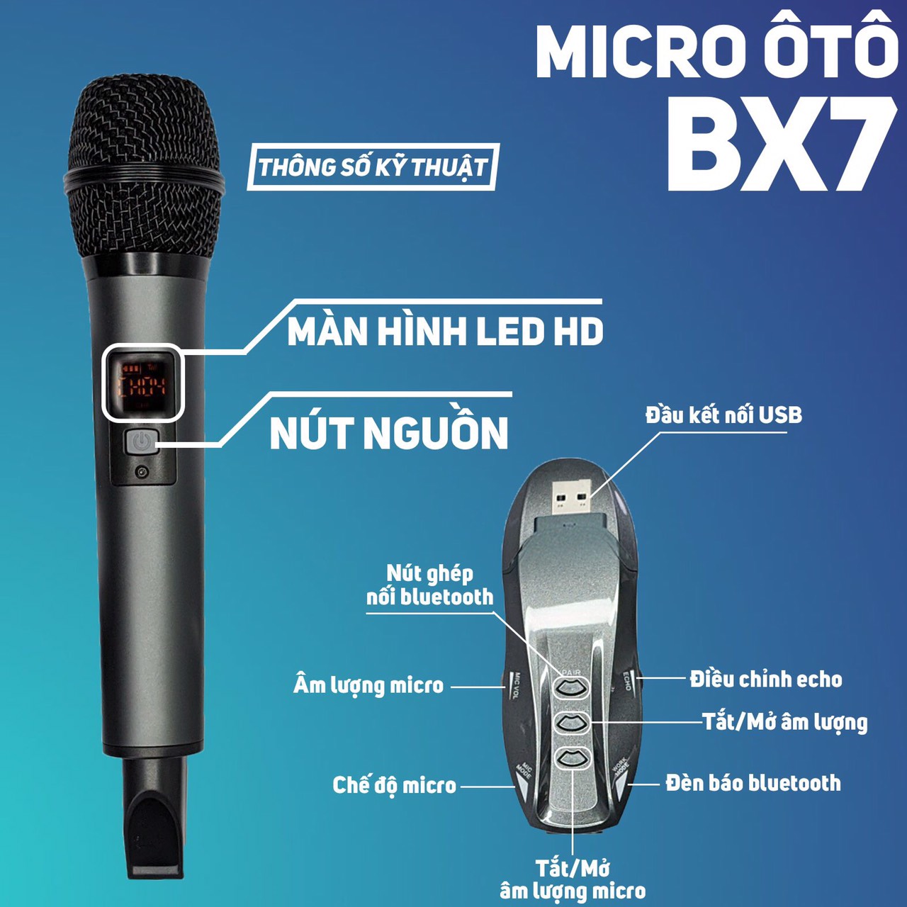 Micro karaoke dành cho ô tô BX7 - Micro không dây đa năng cao cấp - Kết Nối Bluetooth, Chức Năng Lọc Âm Cực Tốt, Chống Hú, Chống Ồn Và Méo Tiếng Giúp Âm Thanh Phát Ra Trong Trẻo, Mượt Mà - Biến mọi loa vi tính thành loa karaoke - Hàng nhập khẩu