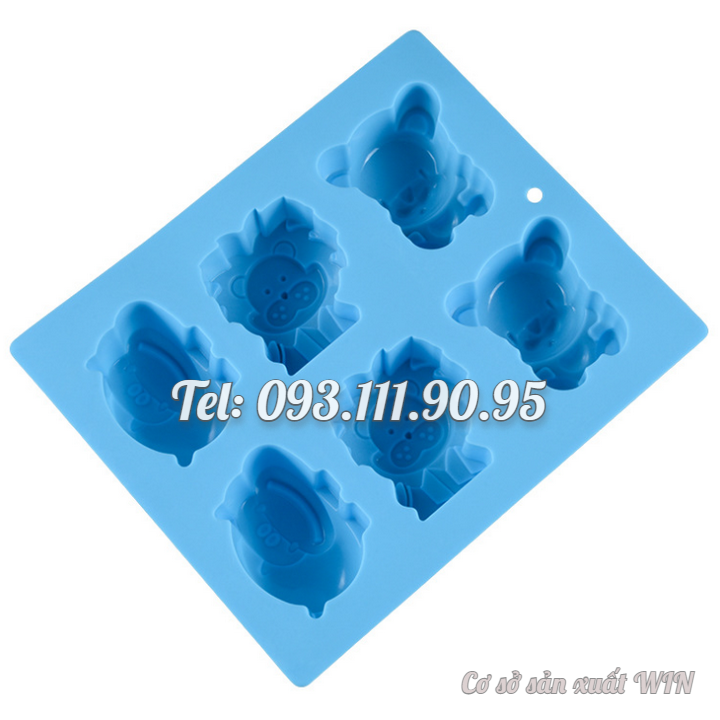 Khuôn silicon làm rau câu, socola, kẹo dẻo 6 con hà mã, sư tử, gấu – Mã số 1391