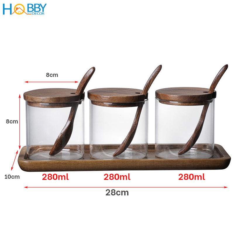 Combo 3 hủ gia vị thủy tinh kèm khay muỗng HOBBY Home Decor HGV3D bằng gỗ keo - dung tích mỗi lọ 280ml