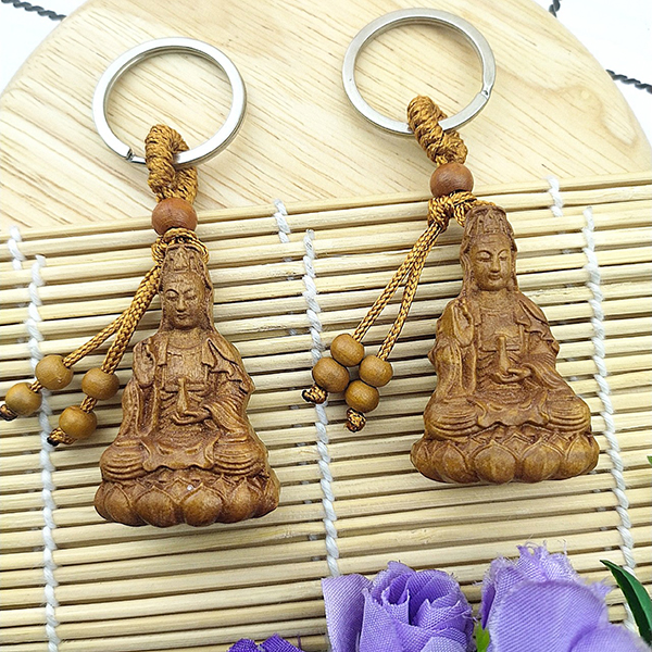 Móc khóa Phật Bà Quan Âm bằng gỗ chạm khắc 2 mặt cực đẹp may mắn