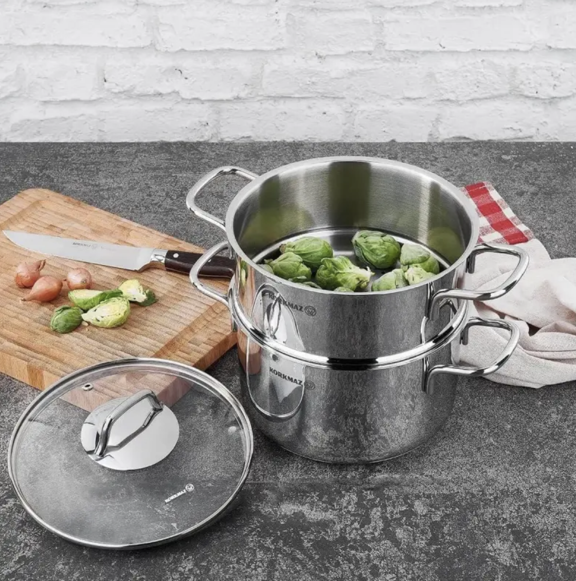 Bộ nồi xửng hấp inox 18/10 Korkmaz Perla 20cm -  Hàng Chính Hãng