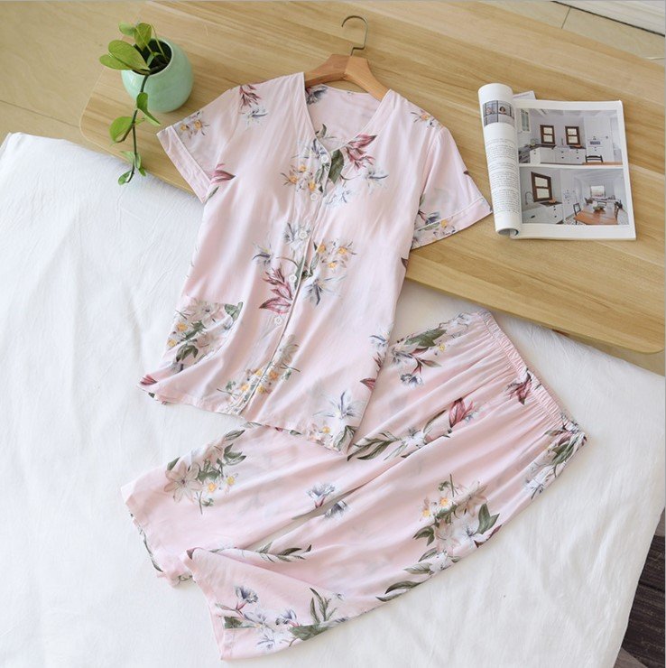 Bộ Đồ Pijama Nữ Mặc Nhà Ngắn Tay Azuno BN0609 Chất Liệu Cotton Lụa Có Lót Ngực Tiện Lợi Cho Mùa Hè