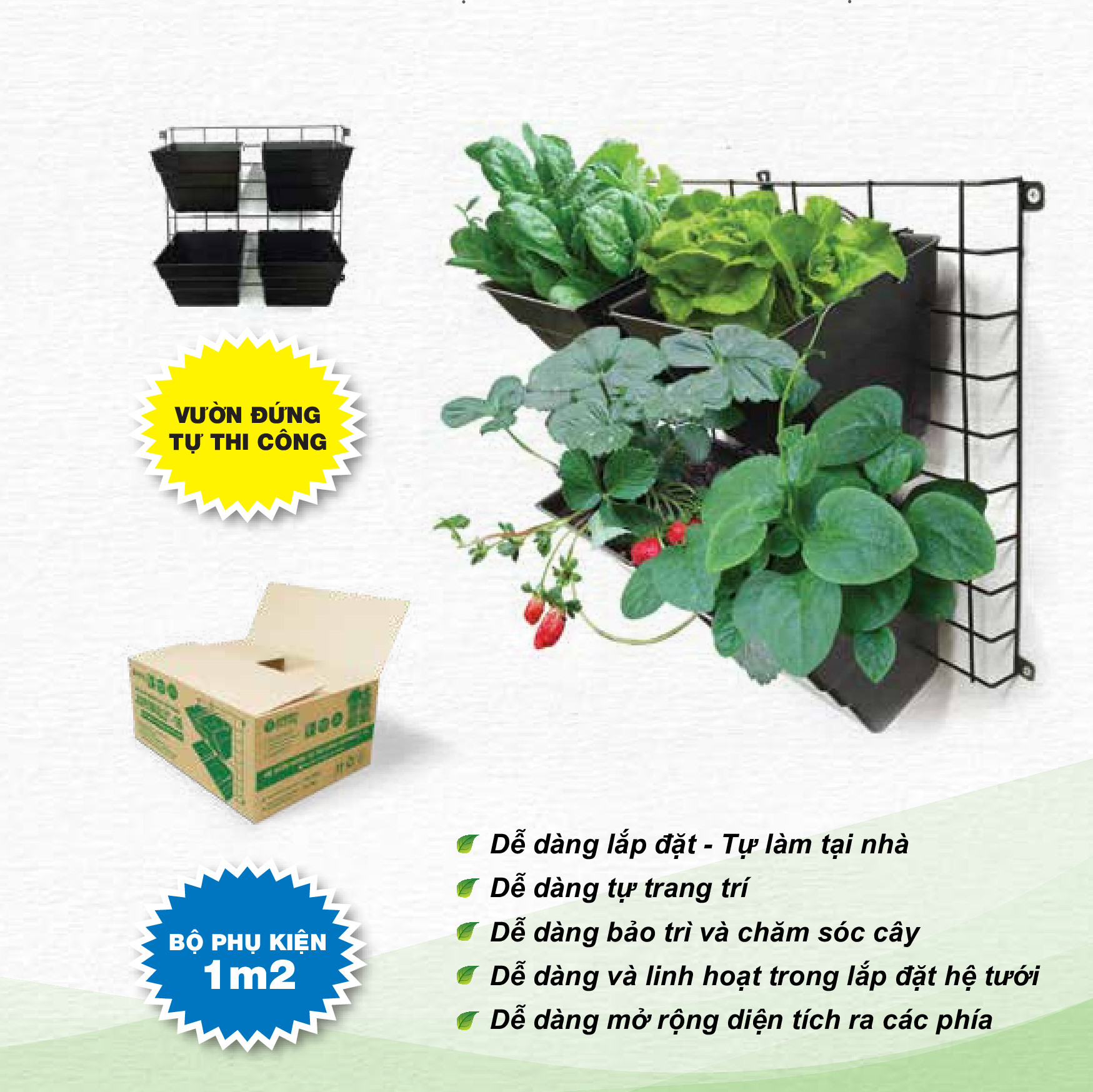 Bộ 1m2 vườn tường : Chậu Kích thước lớn, khung thép, tùy biến vị trí chậu, dễ lắp đặt, Phù hợp trồng rau sạch, cây hoa lớn.