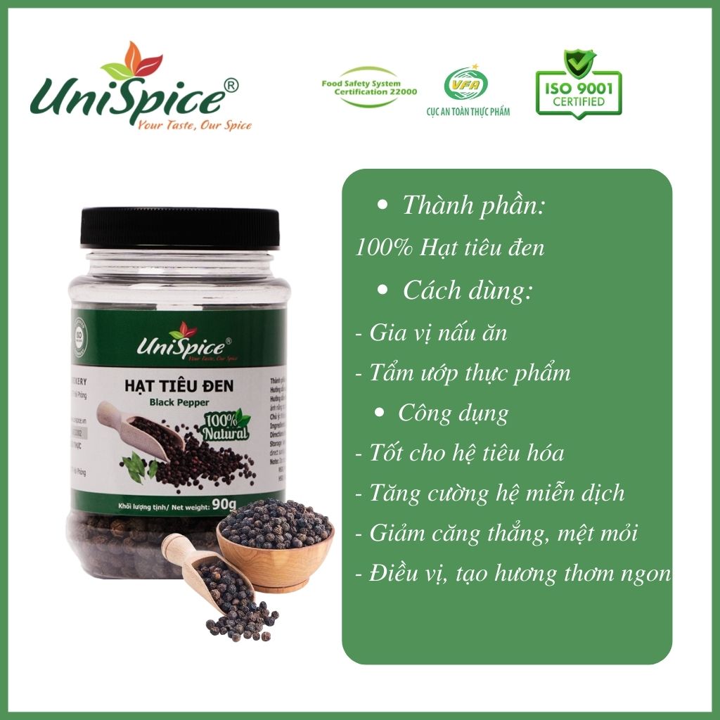 Hạt tiêu đen-Hạt tiêu đen Unispice 90g thơm, cay chất lượng cao.Gia vị tự nhiên