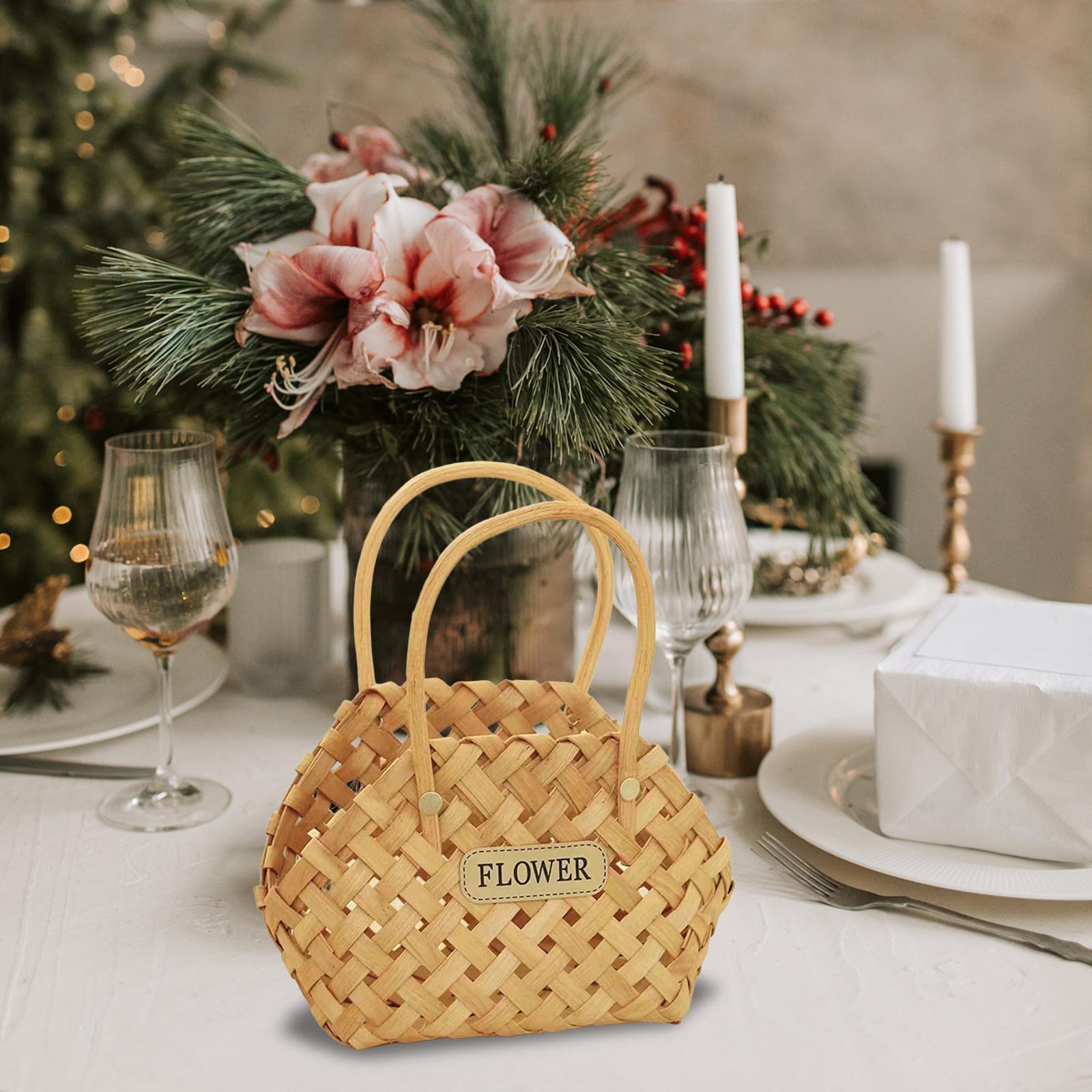 Pastoral Basket Storage Basket with Handle Handmade Wood Basket Storage Serving Basket for Flower Wedding Outdoor Camping Countertop