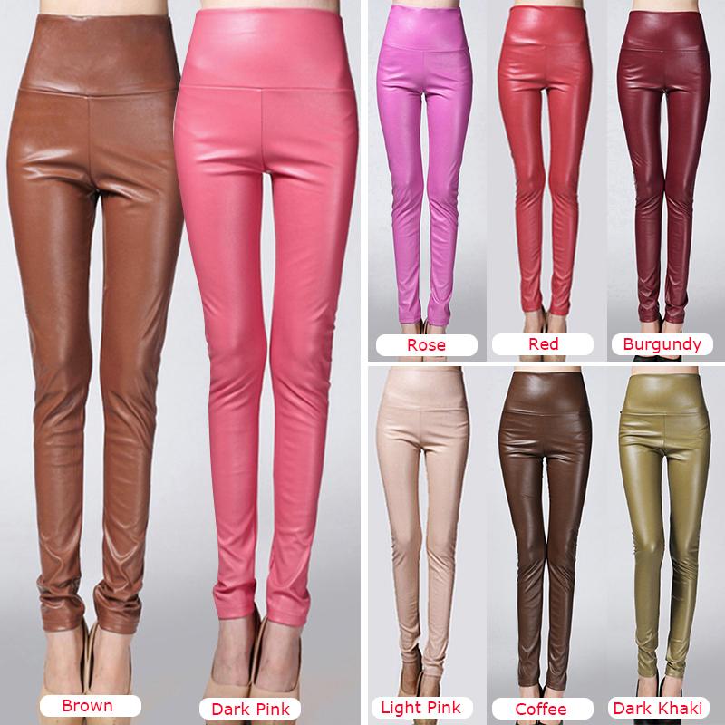 Fashion Women Leggings Skinny Pants PU Leather Elastic High Waist Warm Fleeces Autumn Winter Solid Slim Tights Pencil