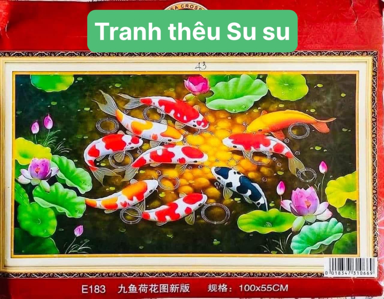 Tranh thêu kín cửu ngư quần hội E183, kích thước 100 x 60 cm