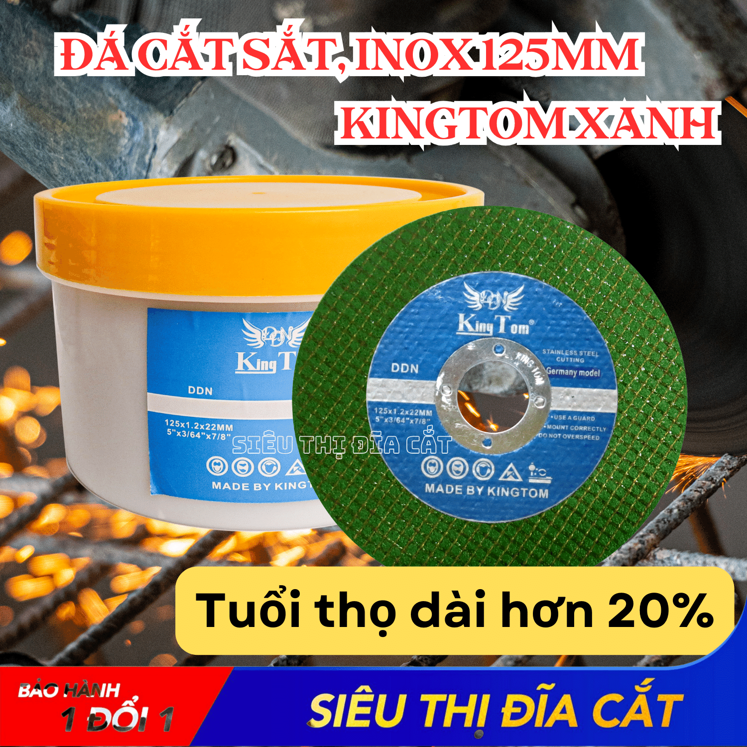 Đá Cắt KingTom Xanh 125x1.2x22mm - Hộp 50 Viên, Cắt Sắc Bén Và Hạn Chế Bụi