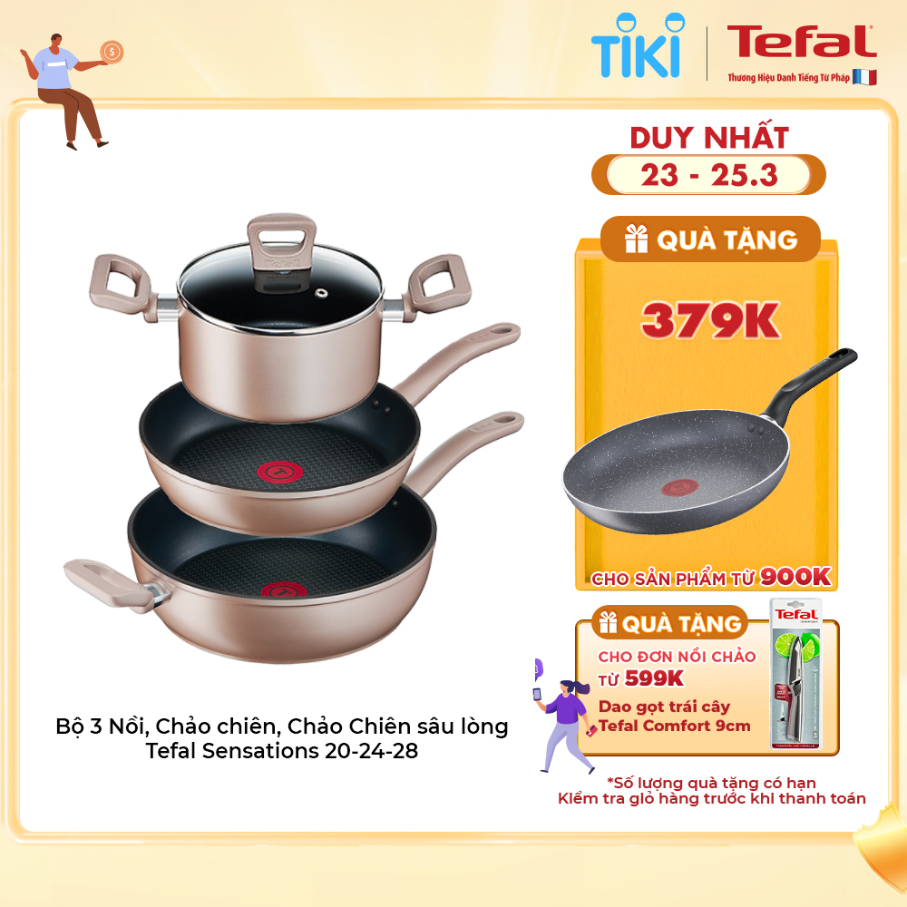 Bộ 3 nồi chảo chống dính đáy từ Tefal Sensations dùng cho mọi loại bếp (Nồi 20cm, chảo 24cm &amp; 28cm) - Hàng chính hãng