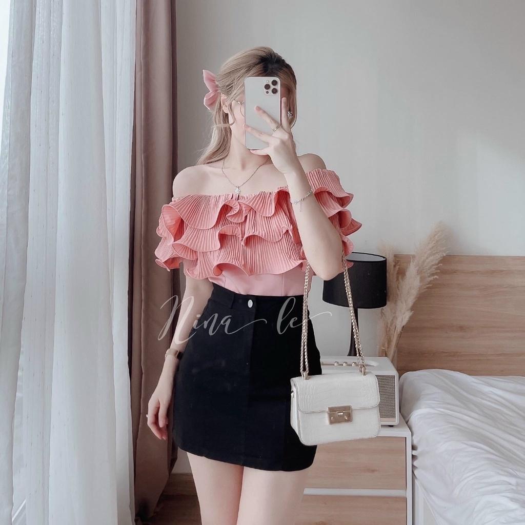 Sét bộ thời trang nữ trễ vai bèo lai croptop phối chân váy tuyết mưa sang chảnh quý phái