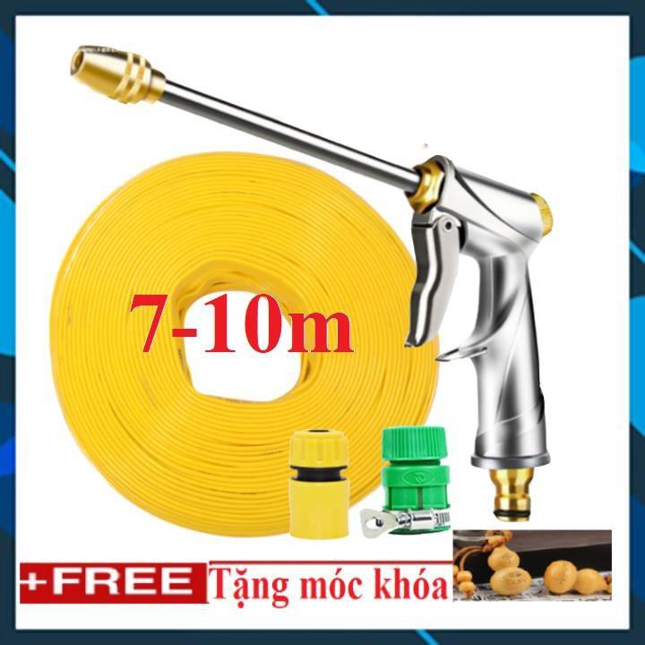Bộ dây vòi xịt nước rửa xe, tưới cây , tăng áp 3 lần, loại 7m, 10m 206701-2 đầu đồng,cút,nối vàng+ móc khoá